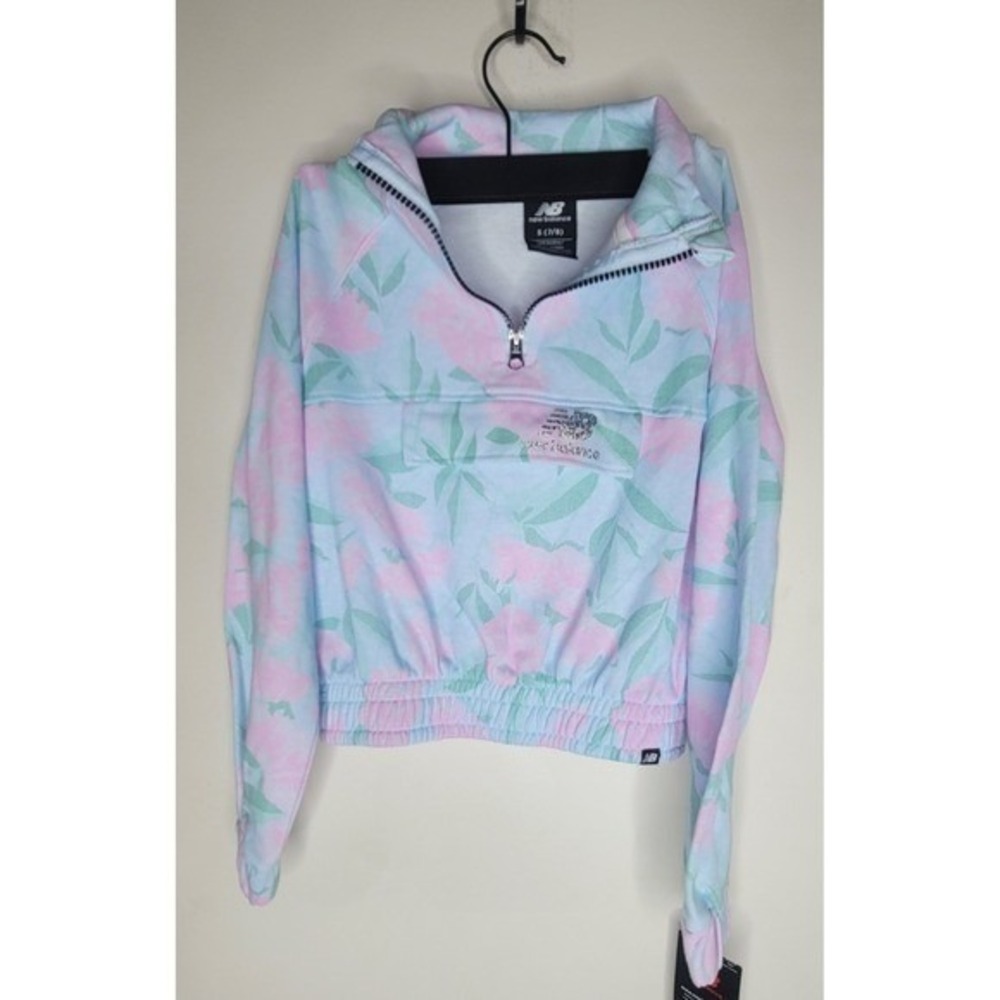 NWT New Balance Girls 3/4 Zip Pullover Size S 7/8 Floral Cropped Hoodie Pocket - Picture 4 of 8